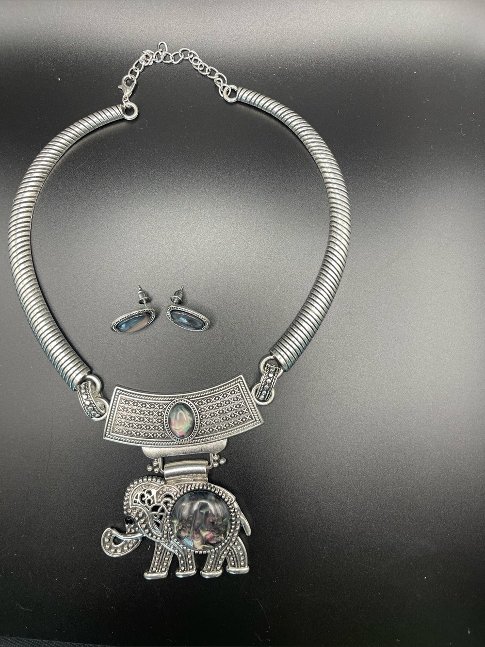 Silver-Tone Elephant Pendant Necklace with Matching Earrings - Multicolor Accent